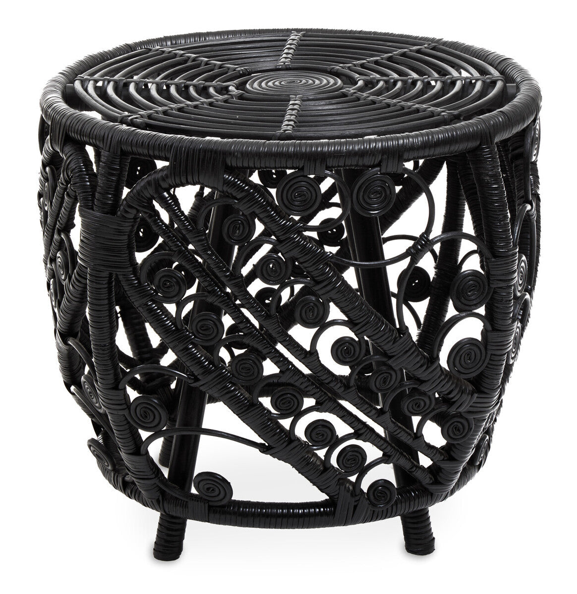 Black Natural Rattan Side Table with Tight Weave and Scrolled Detail, Mataram
