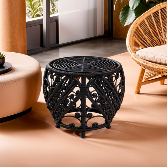 Black Natural Rattan Side Table with Tight Weave and Scrolled Detail | Mataram