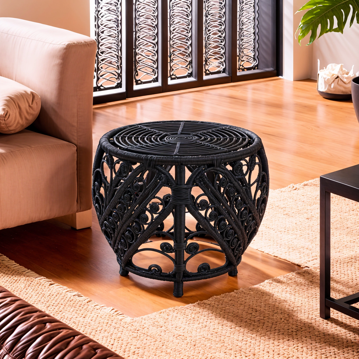 Black Natural Rattan Side Table with Tight Weave and Scrolled Detail, Mataram