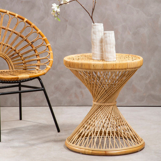 Natural Rattan Side Table with Twisted Base and Tight Weave Top, Mataram