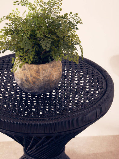Black Rattan Side Table with Twisted Base and Tight Weave Top | Mataram
