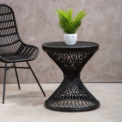 Black Rattan Side Table with Twisted Base and Tight Weave Top | Mataram