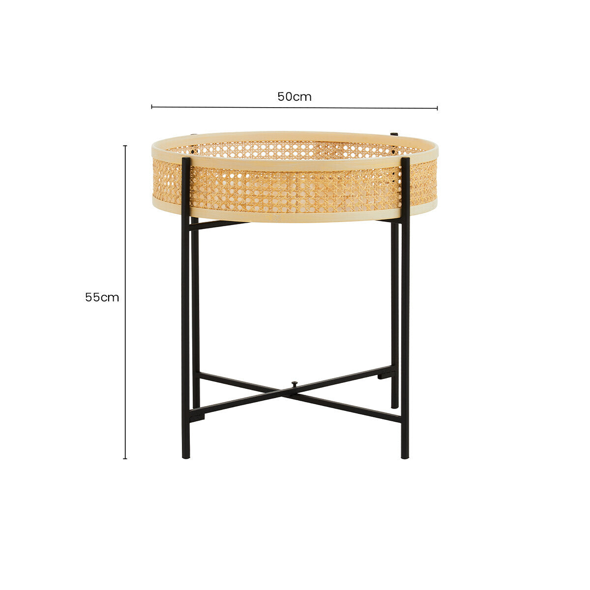Natural Rattan Round Top Side Table with Black Metal Cross Base Legs | Depok