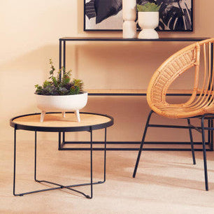 Natural Rattan Round Coffee Table with Black Cross Metal Legs, Depok