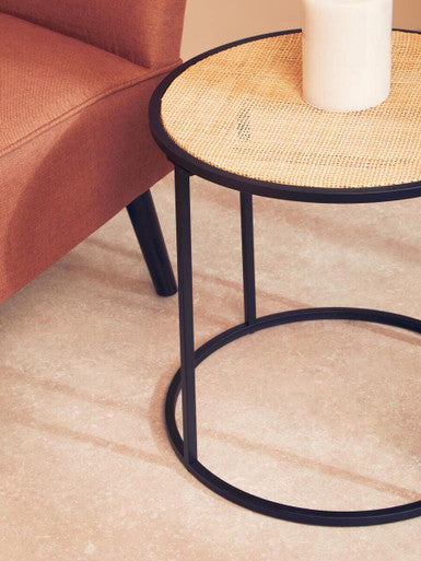 Natural Rattan Round Top Side Table with Black Metal Base | Depok