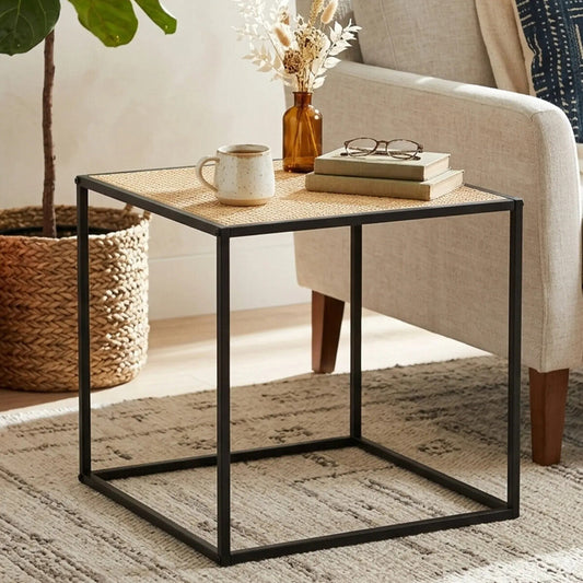 Natural Rattan Top Side Table with Black Metal Square Base, Depok