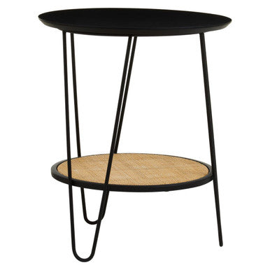 Natural Rattan Top Side Table with Lower Shelf and Black Metal Hairpin Legs | Depok