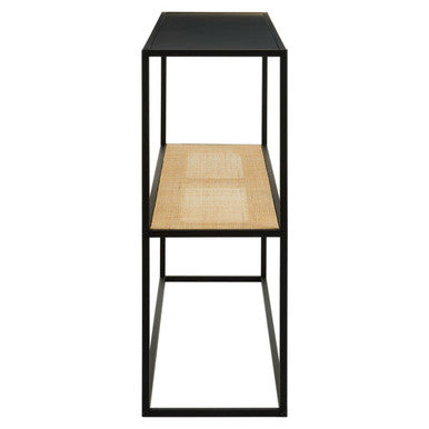 Black Metal Frame 2-Tier Console Table with Natural Rattan Shelving, Depok