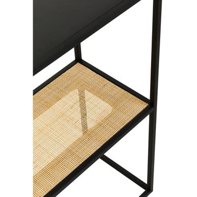 Black Metal Frame 2-Tier Console Table with Natural Rattan Shelving, Depok