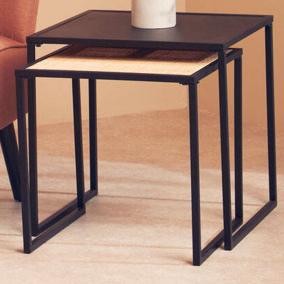 Black Metal and Rattan Top Nest of 2 Tables with Square Frames | Depok
