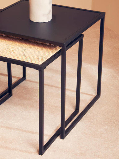 Black Metal and Rattan Top Nest of 2 Tables with Square Frames | Depok