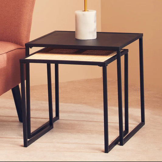 Black Metal and Rattan Top Nest of 2 Tables with Square Frames, Depok