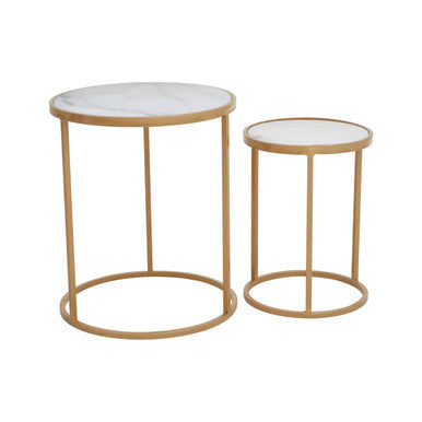 Set of 2 White Marble Top and Gold Metal Frame Nesting Tables, Colva