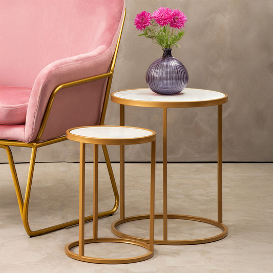 Colva White Marble and Gold Set Of Two Nesting Tables