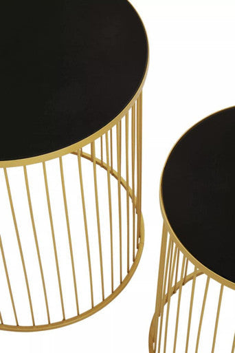 Set of 2 Black Glass Top and Gold Finish Base Side Tables, Avento