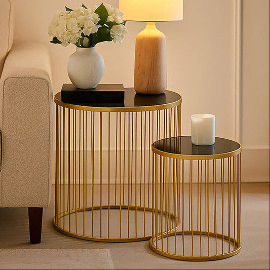 Set of 2 Black Glass Top and Gold Finish Base Side Tables, Avento