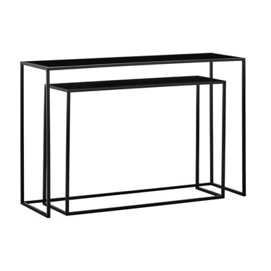 Set of 2 Black Glass Top and Metal Frame Console Tables | Avento