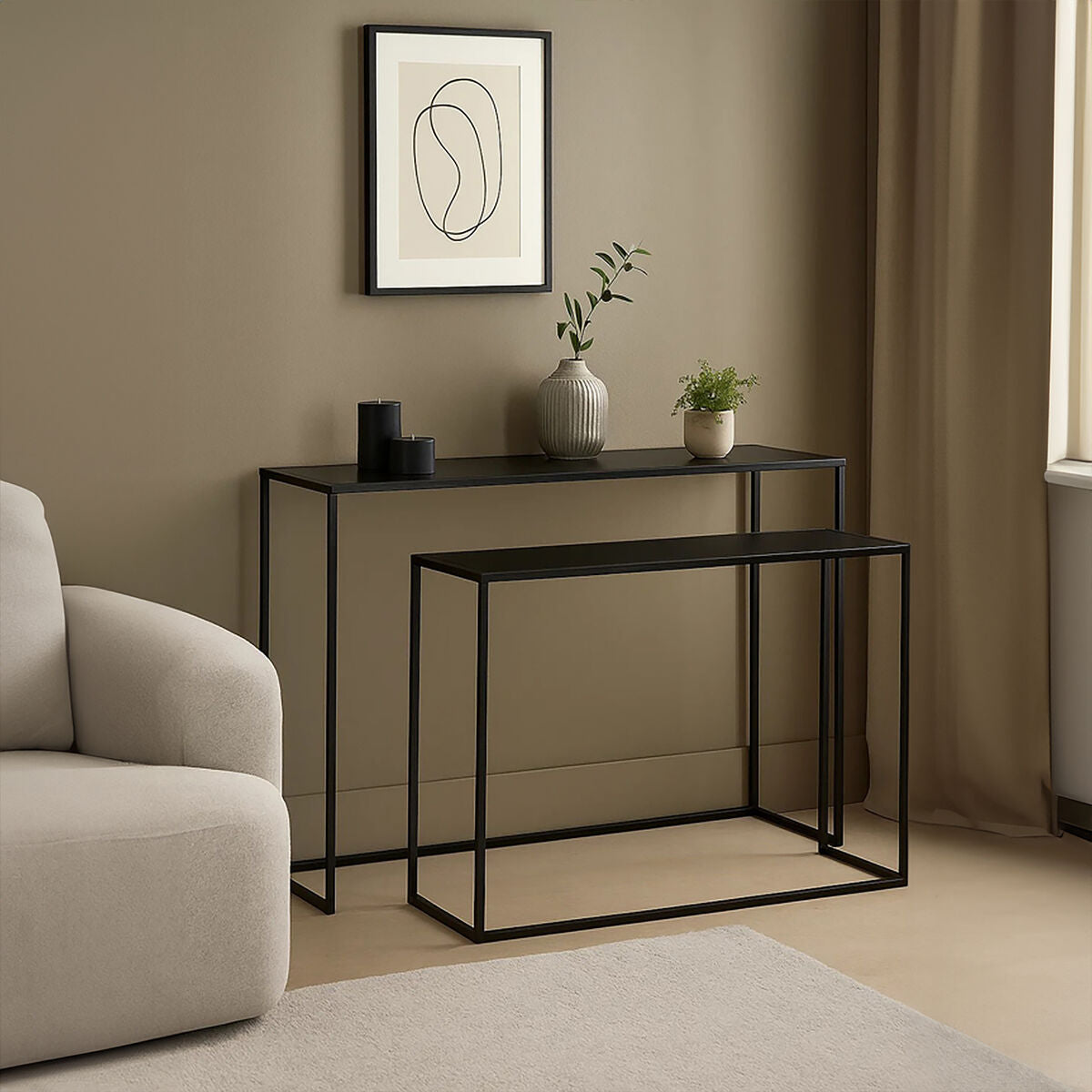 Set of 2 Black Glass Top and Metal Frame Console Tables | Avento