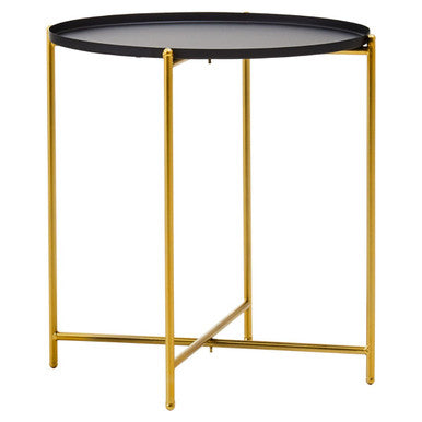Black Tray Top Round Side Table with Gold Finish Iron Stand | Trosa