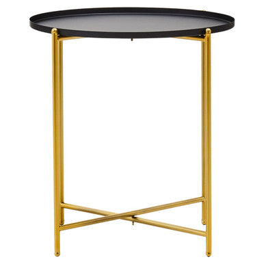 Black Tray Top Round Side Table with Gold Finish Iron Stand, Trosa