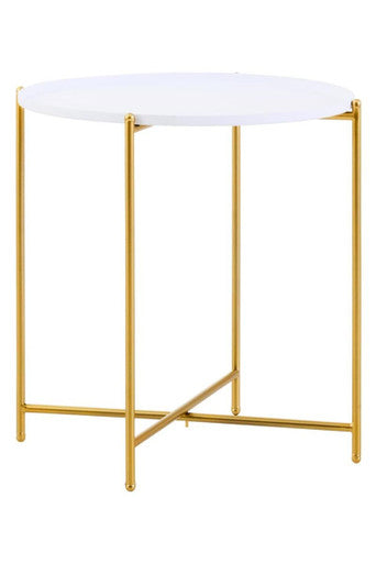 White Tray Top Round Side Table with Gold Finish Criss Cross Base | Trosa