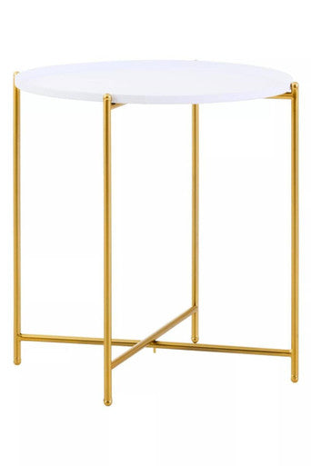 White Tray Top Round Side Table with Gold Finish Criss Cross Base | Trosa
