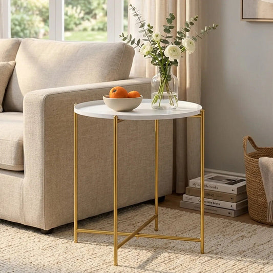 White Tray Top Round Side Table with Gold Finish Criss Cross Base, Trosa