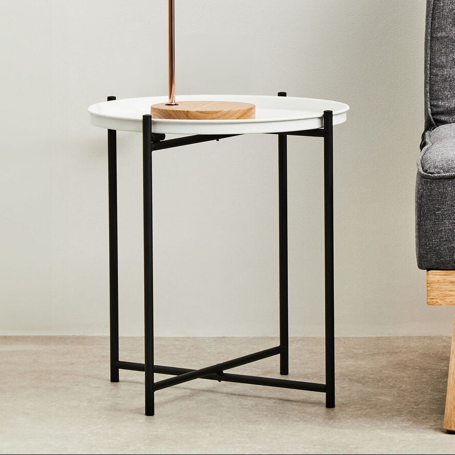 Round White Top Side Table with Black Iron Lattice Base | Trosa