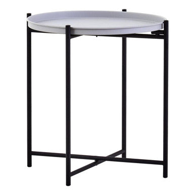 Round Grey Top Side Table with Black Iron Lattice Base | Trosa