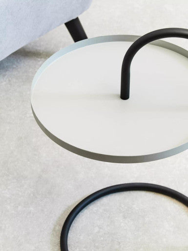 Grey Round Top Side Table with Black Finish Iron Hanging Frame, Trosa