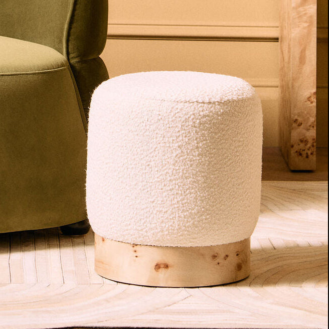 Burl Wood and Cream Boucle Round Stool | Mota