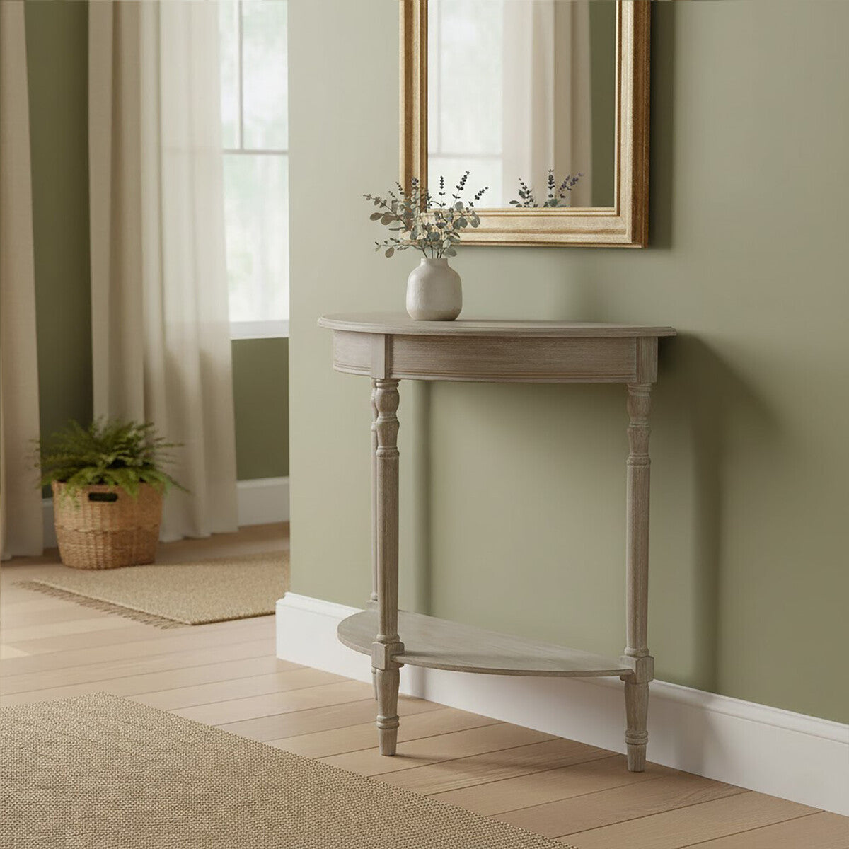 Natural Wooden Half Moon Console Table with Lower Storage Shelf | Heritage