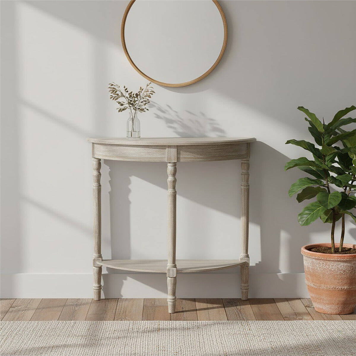 Natural Wooden Half Moon Console Table with Lower Storage Shelf | Heritage
