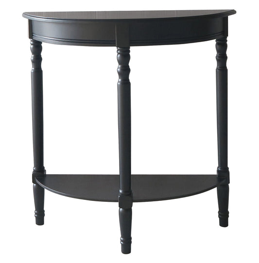 Black Wooden Half Moon Console Table with Carved Spindle Legs and 1 Lower Storage Shelf | Heritage