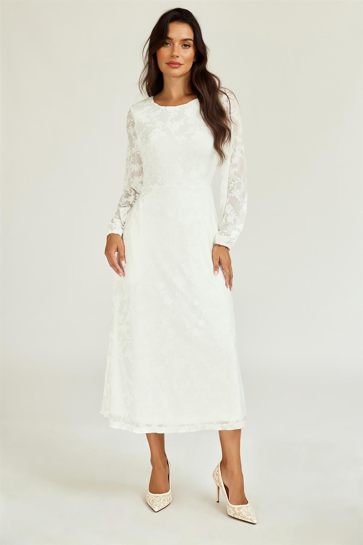 Floral Velvet Devore Long Sleeve Maxi Dress In Ivory