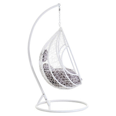 Goa White Rattan Effect Hanging Chair With Grey Cushions