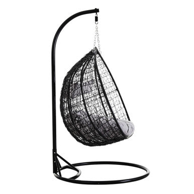 Black Rattan Effect Double Hanging Chair with Grey Cushions | Goa