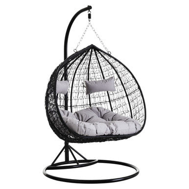 Black Rattan Effect Double Hanging Chair with Grey Cushions | Goa