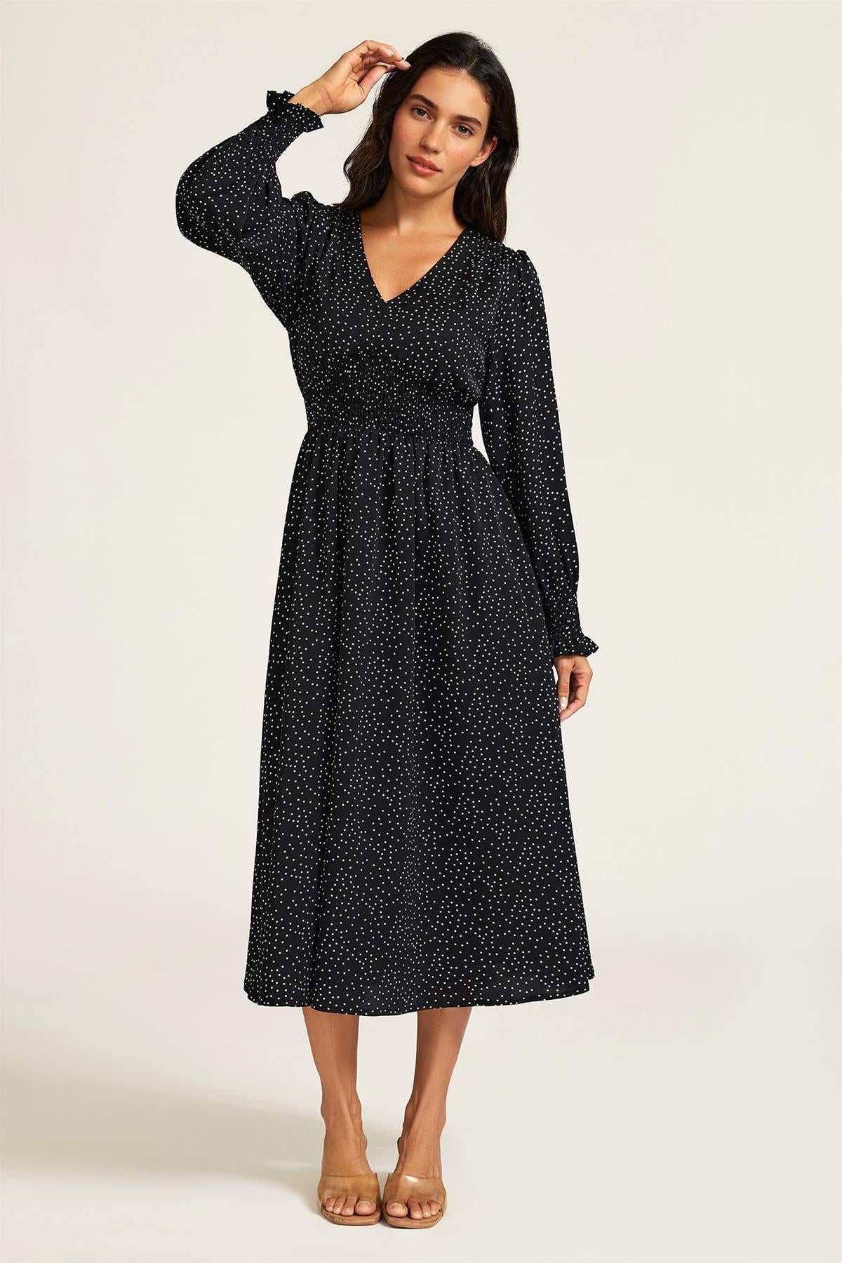 Polka Dot Print Long Sleeve Midi Dress In Black