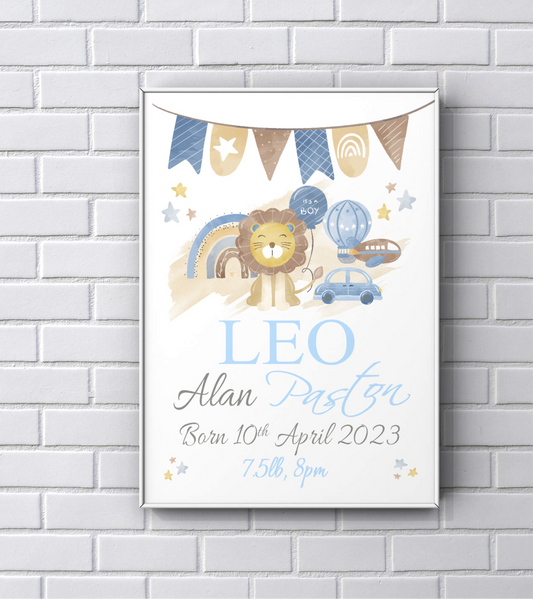 Personalised baby boy Newborn gift lion print