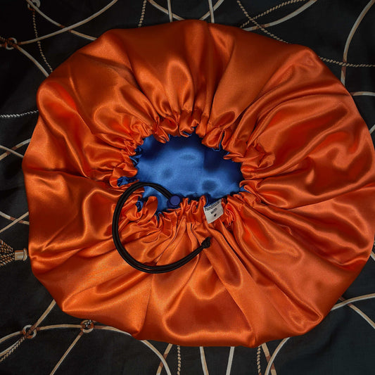 Orange & Blue Reversible Satin Bonnet – Dual Colour Adjustable
