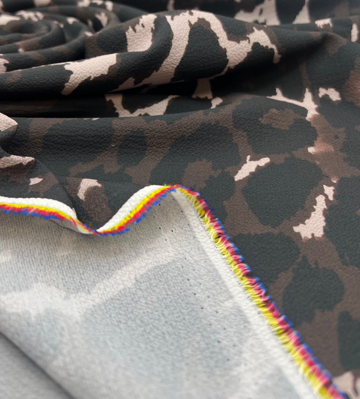 Brown Grey Leopard Print Lightweight Bubble Crepe Fabric