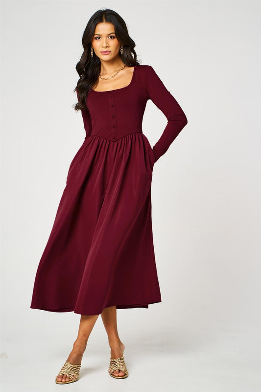 Burgundy Square Neck Button-Front Long Sleeve Midi Dress