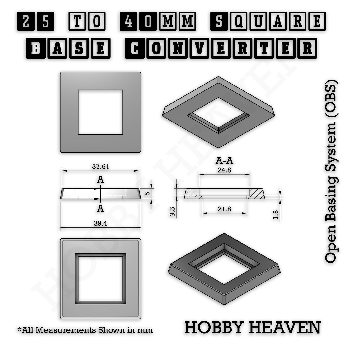 Square to Square Base Converters 3D Print Full Range