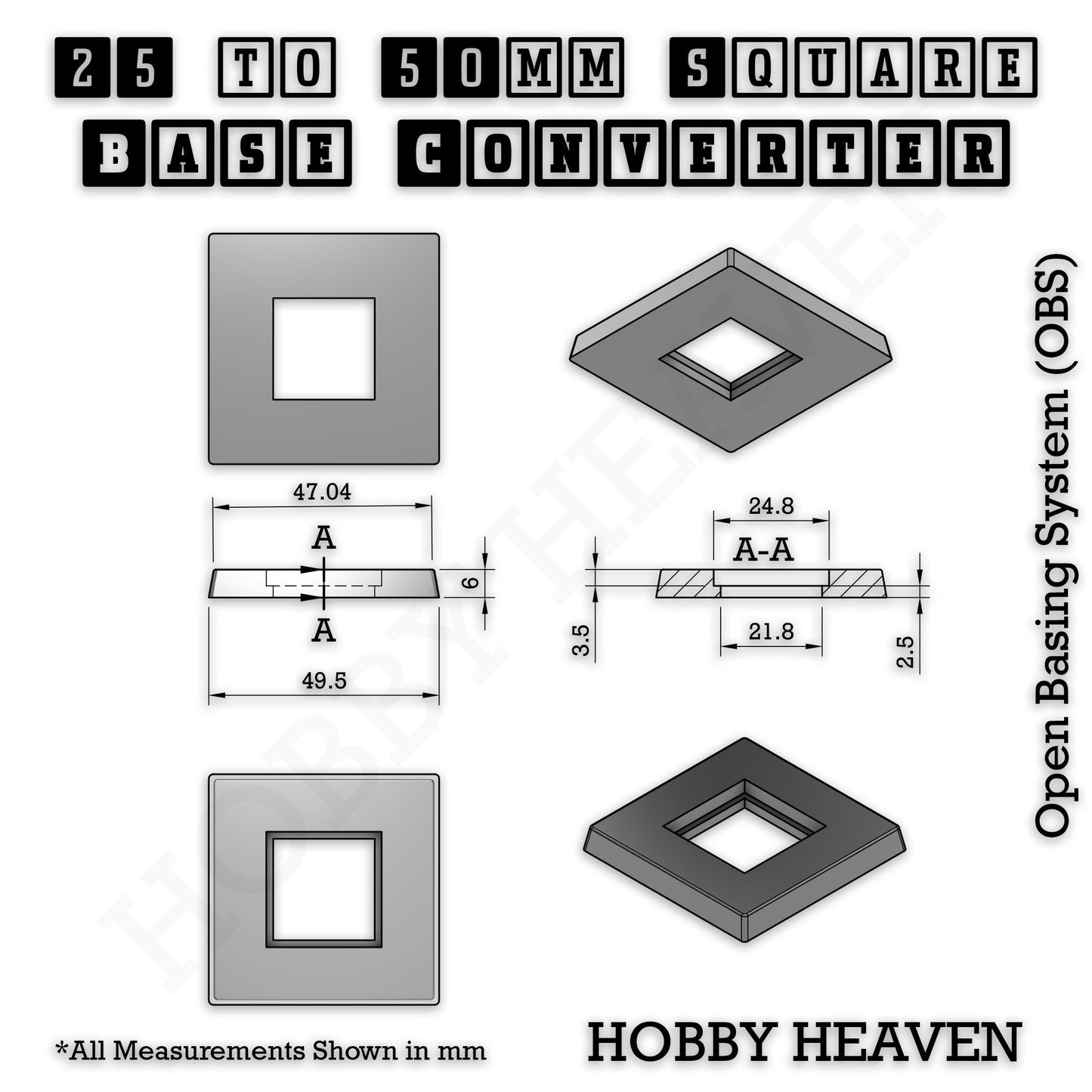 Square to Square Base Converters 3D Print Full Range