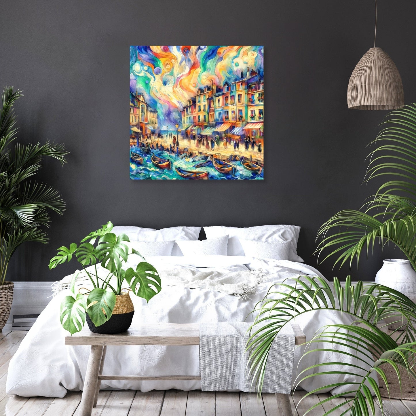 Whimsical Seaside Village Canvas
