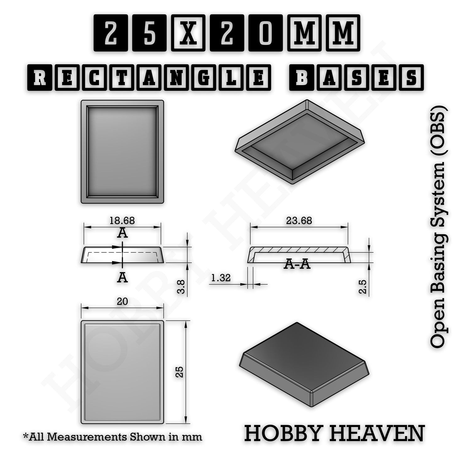 Rectangle Bases Medium Sizes - 75x30mm to 125x40mm and up to 100x90mm Wide - 3D Print Tabletop Games