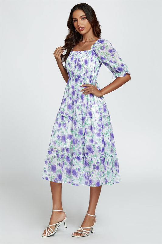 Floral Print Bardot Puff Sleeve Elasticated Detail Midi Dress In White