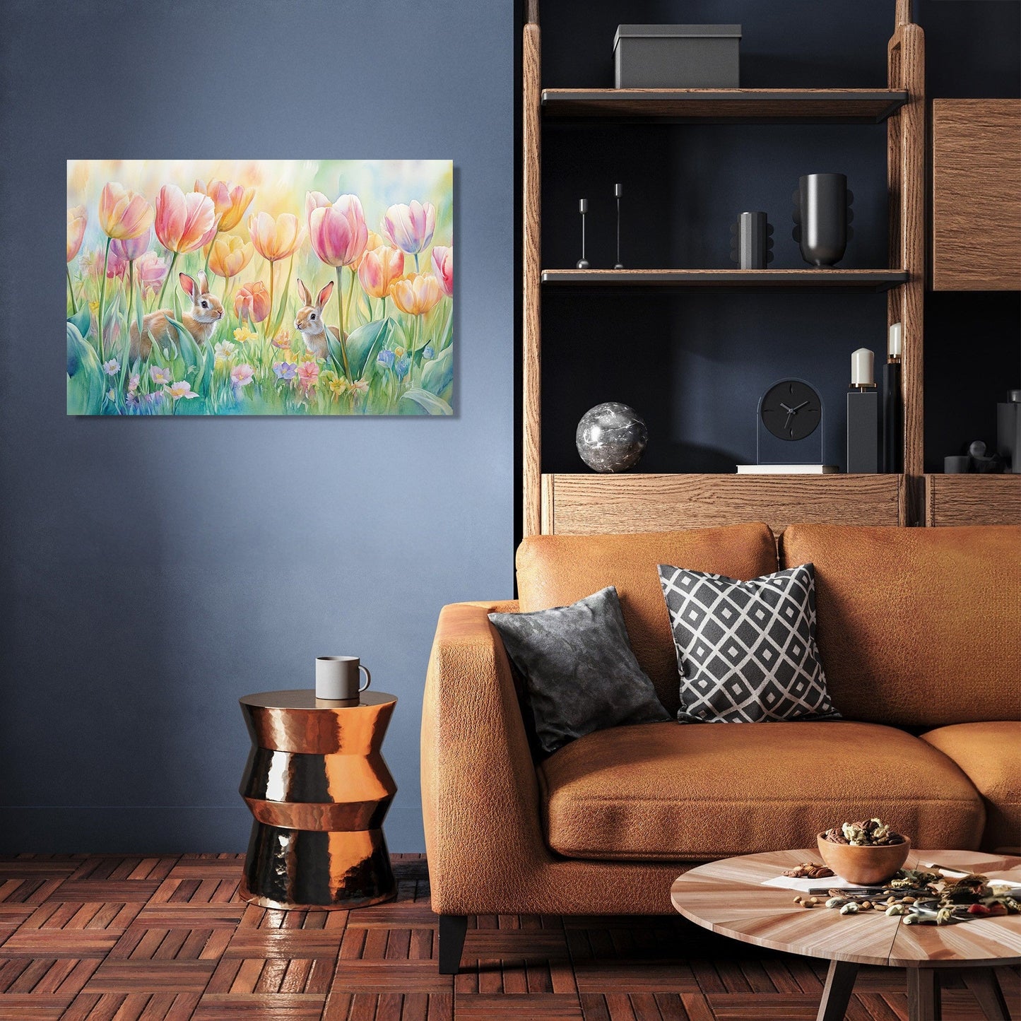 Tulip Meadow and Rabbits Canvas