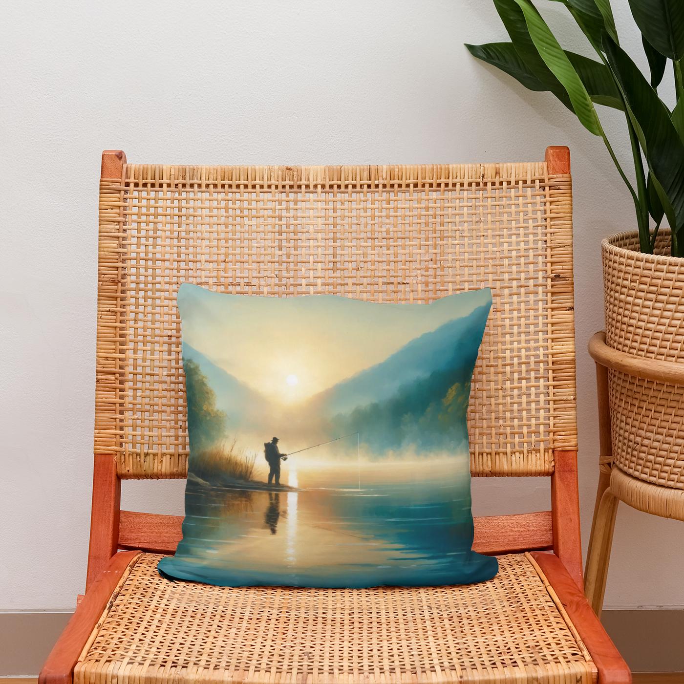 Tranquil Dawn Fishing Cotton Cushion